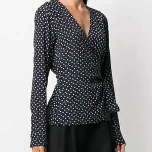 GANNI Navy Heart Print Wrap Top EU 36 | Scandi Copenhagen Blouse
